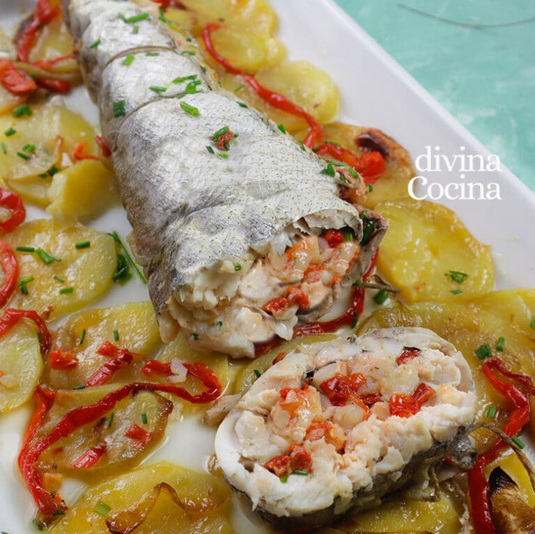Merluza rellena de gambas - Receta de DIVINA COCINA