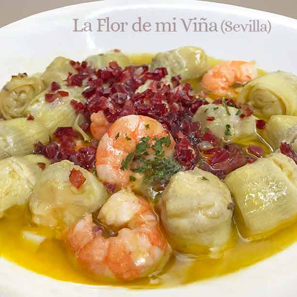 alcachofas con gambas y jamón