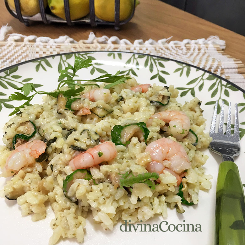 risotto de gambas y calabacines