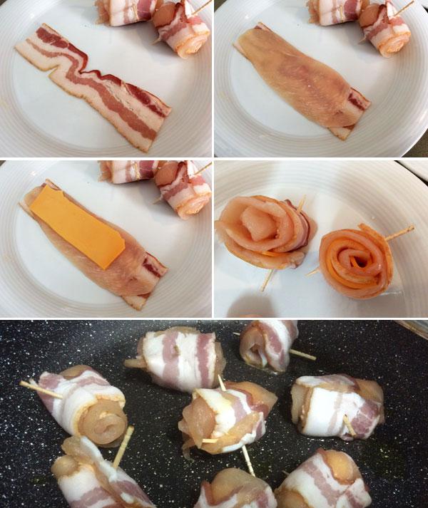 receta de rollitos de pollo,bacon y queso paso a paso